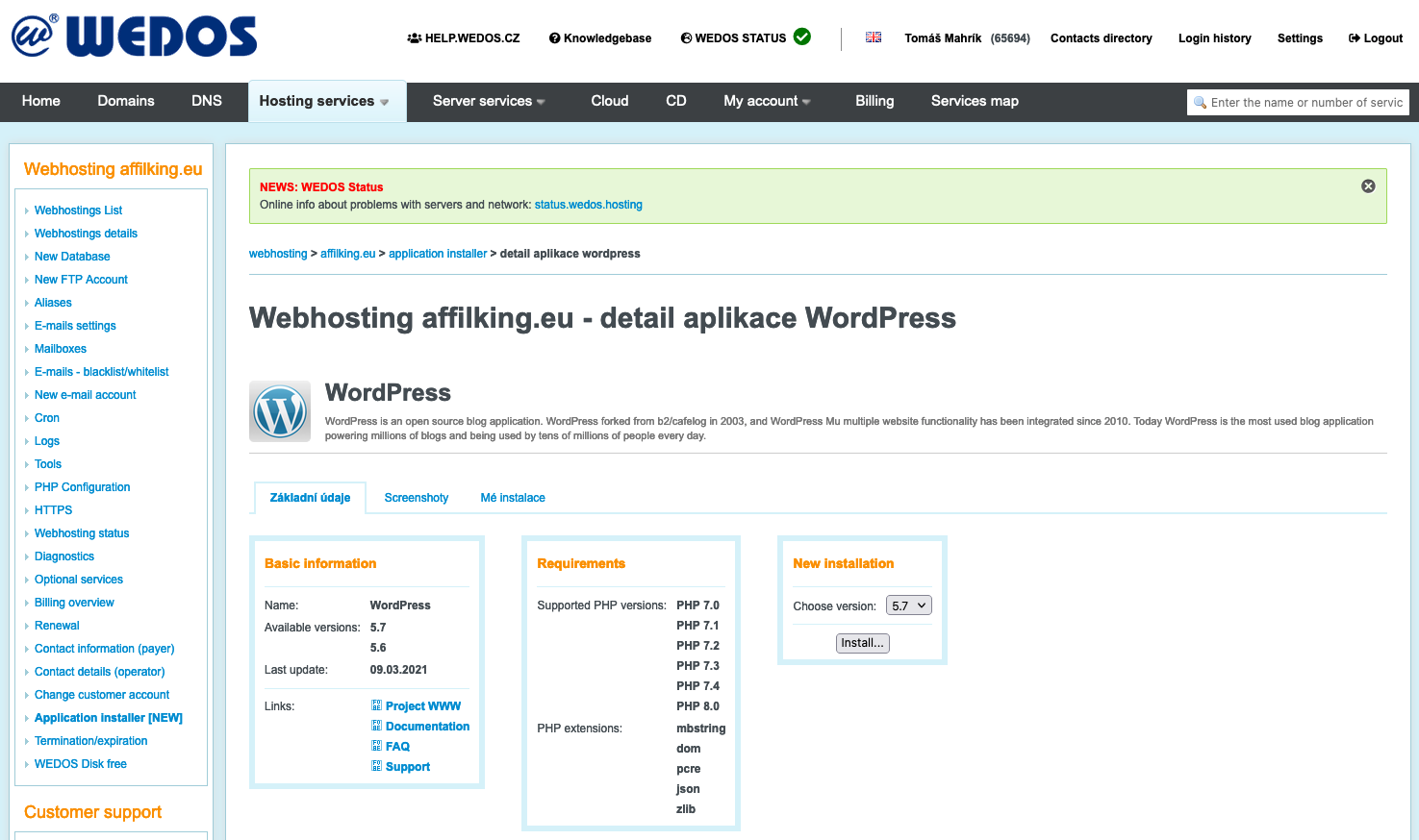 WEDOS review: web hosting WordPress Installer