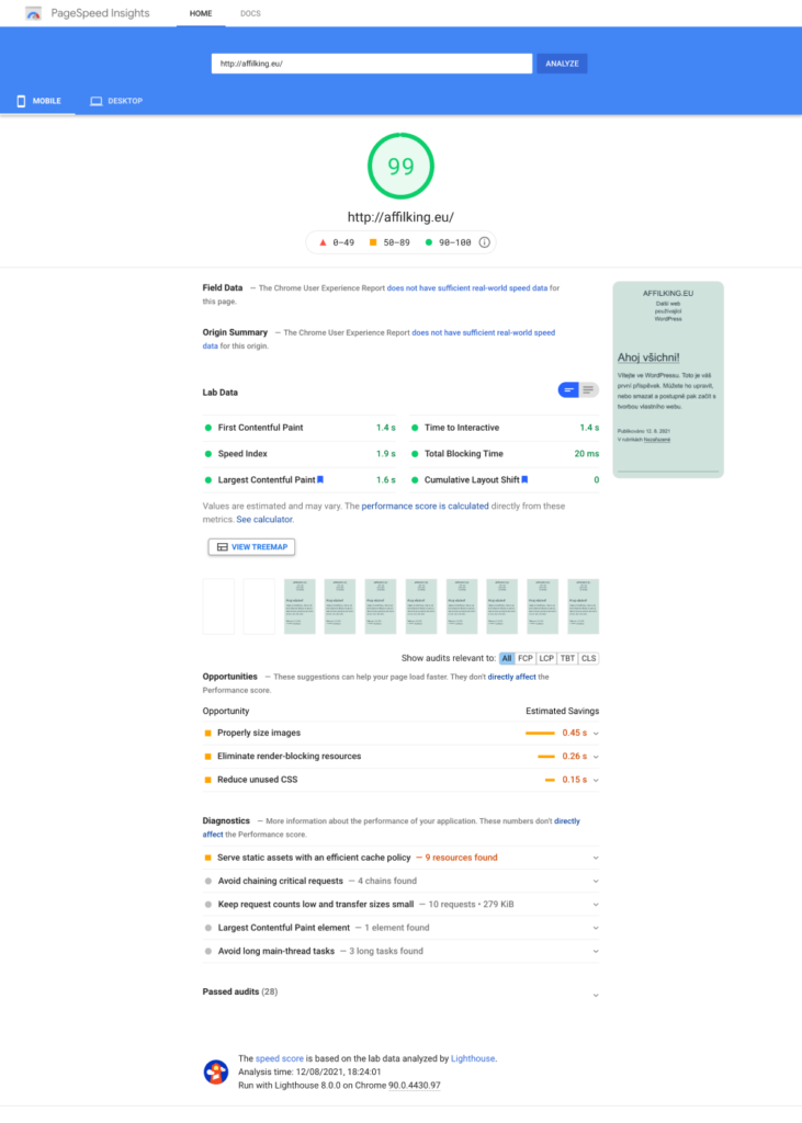 WEDOS áttekintés: Google PageSpeed Insights webtárhely