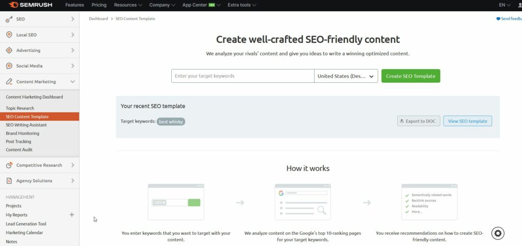 Semrush SEO content template review: add keyword