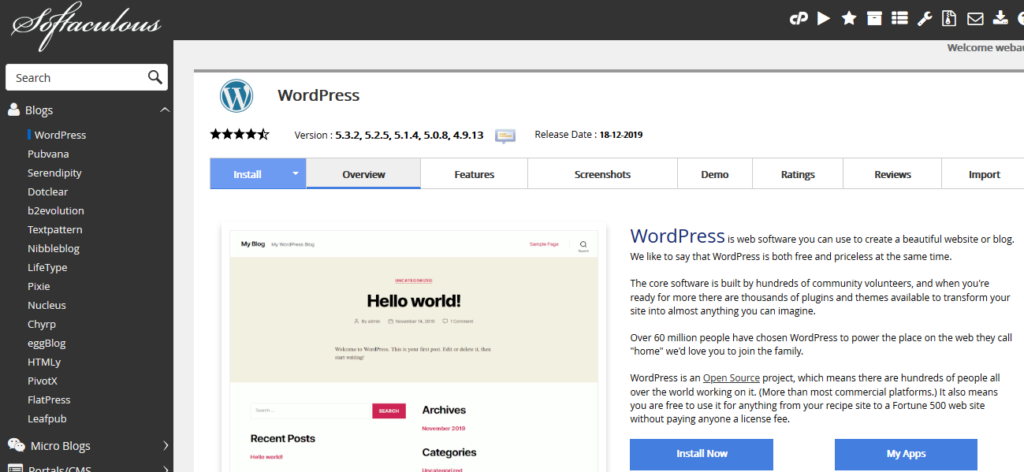 One-click installation of WordPress on Bluehost.