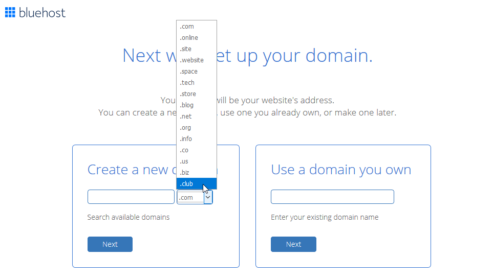 Regisztráció vagy domain hozzáadása a Bluehost-ba