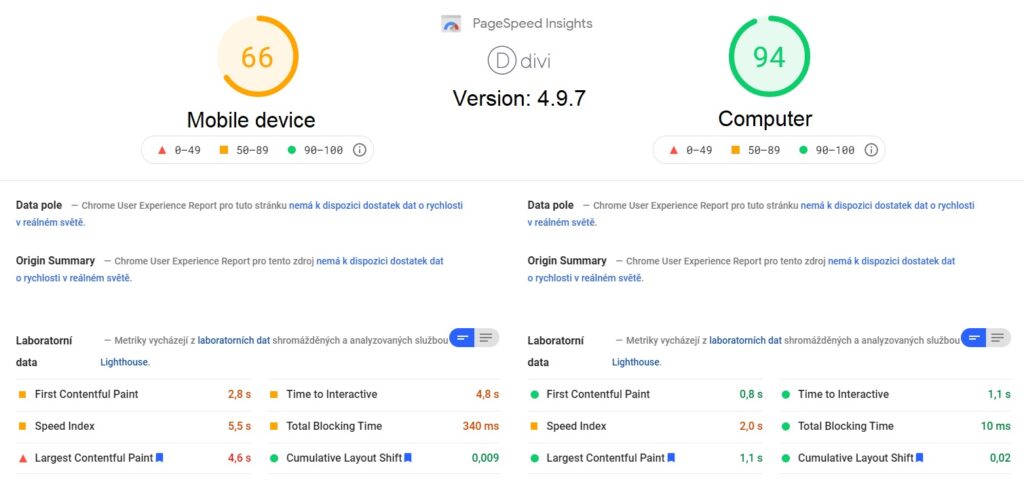 Pre-upgrade measurements with Google PageSpeed Insights.