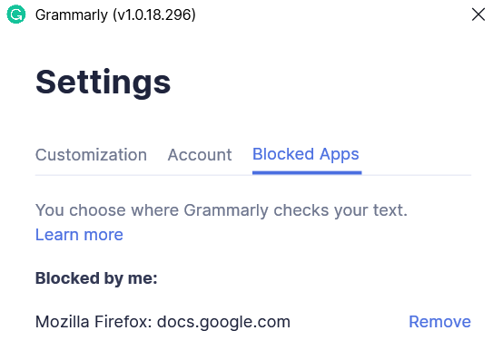 Grammarly Blocked Apps