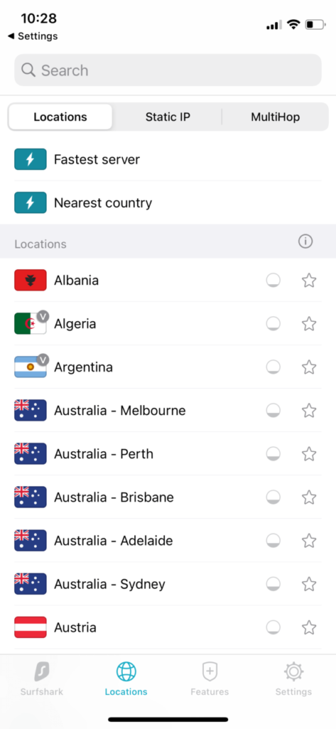 Surfshark VPN iOS-App: verfügbare Server und Standorte.