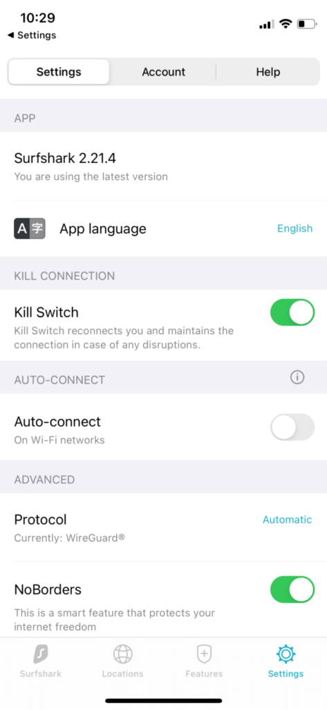 iOS Surfshark VPN-App: Einstellungen.