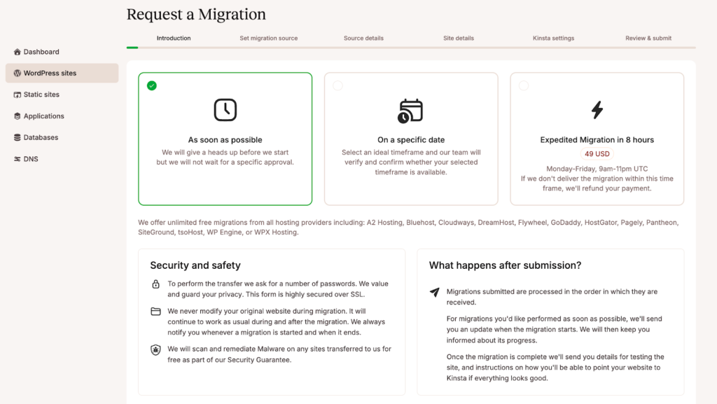 Kinsta WordPress Request Premium Migration