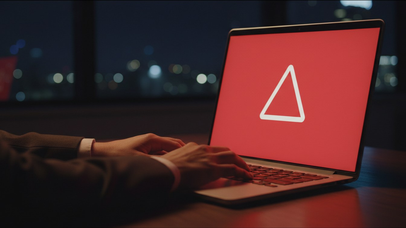 Laptop at night showing a full-screen red warning page with a white warning triangle
